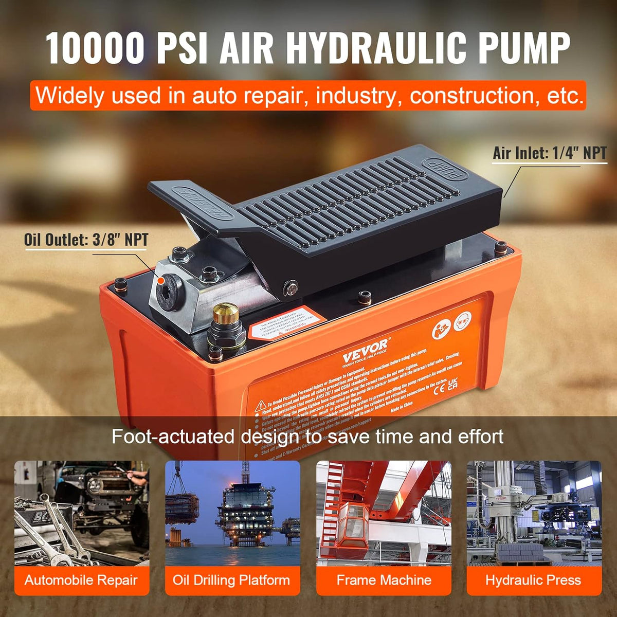Air Hydraulic Pump, 10,000 PSI, 1/2 Gal Reservoir, Foot Actuated U69908