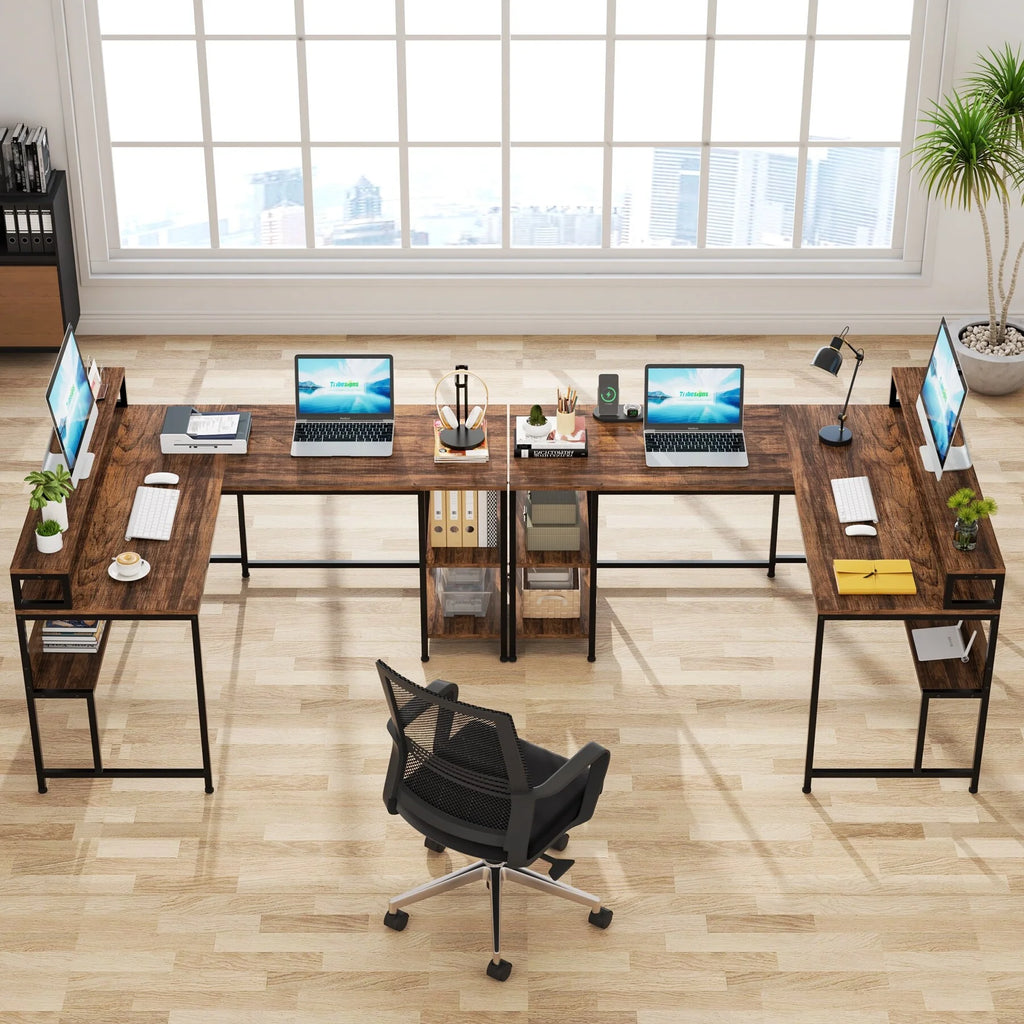 59" L Shaped Desk with Monitor Stand and Storage Shelf E23966