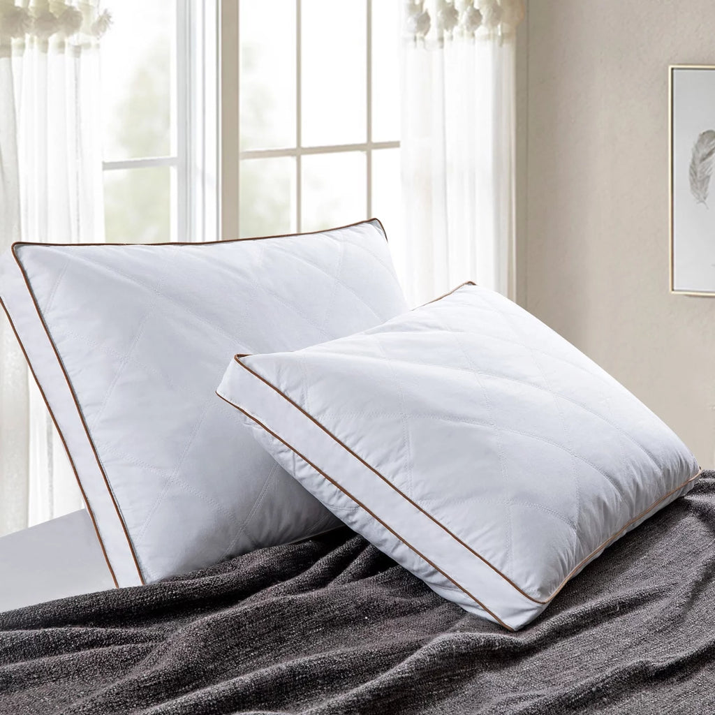 Set of 2 Natural Goose Down Feather Gusseted Pillows Cotton Cover Y273