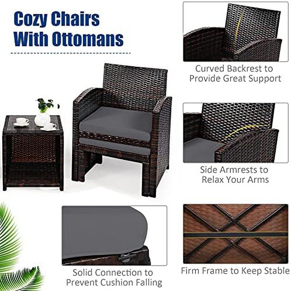 Patio Rattan Conversation Set with Cushioned Chair & Ottoman & Tempered Glass Coffee Table H820