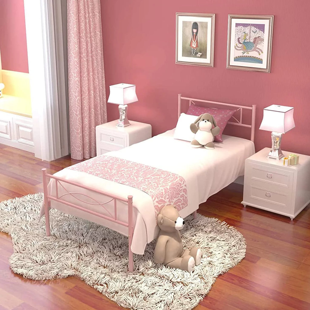 Pink Twin Metal Platform Bed with Headboard and Footboard P4880