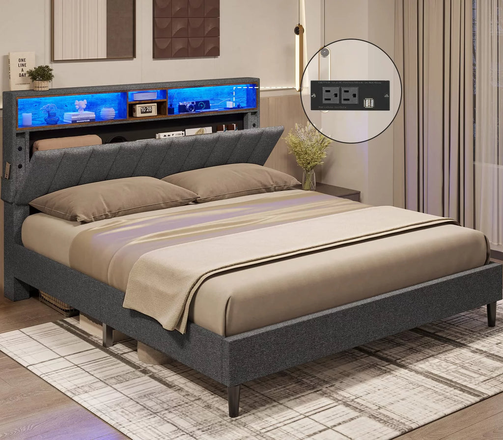 Queen Size LED Bed Frame with Outlet and USB Ports Z595