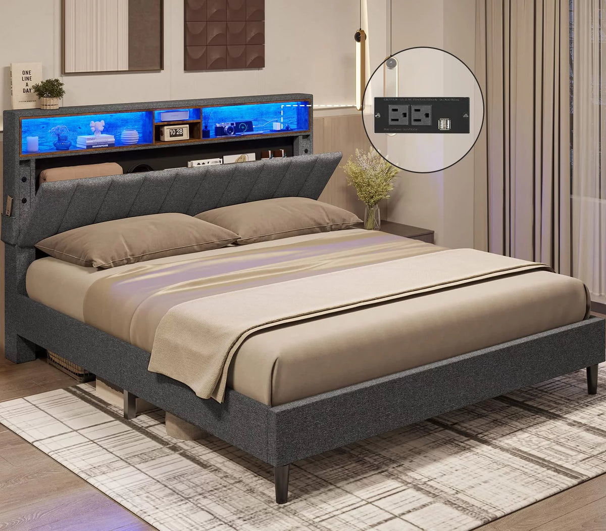 Queen Size LED Bed Frame with Outlet and USB Ports Z595