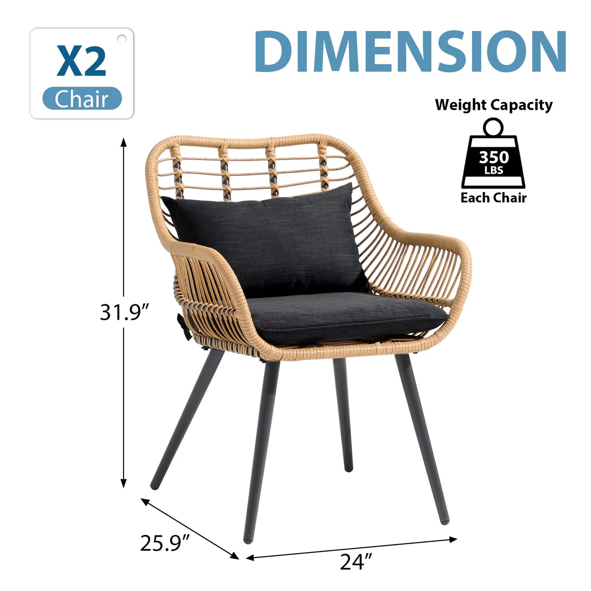 Black Wicker Patio Dining Chairs Set of 2 with Cushions G536
