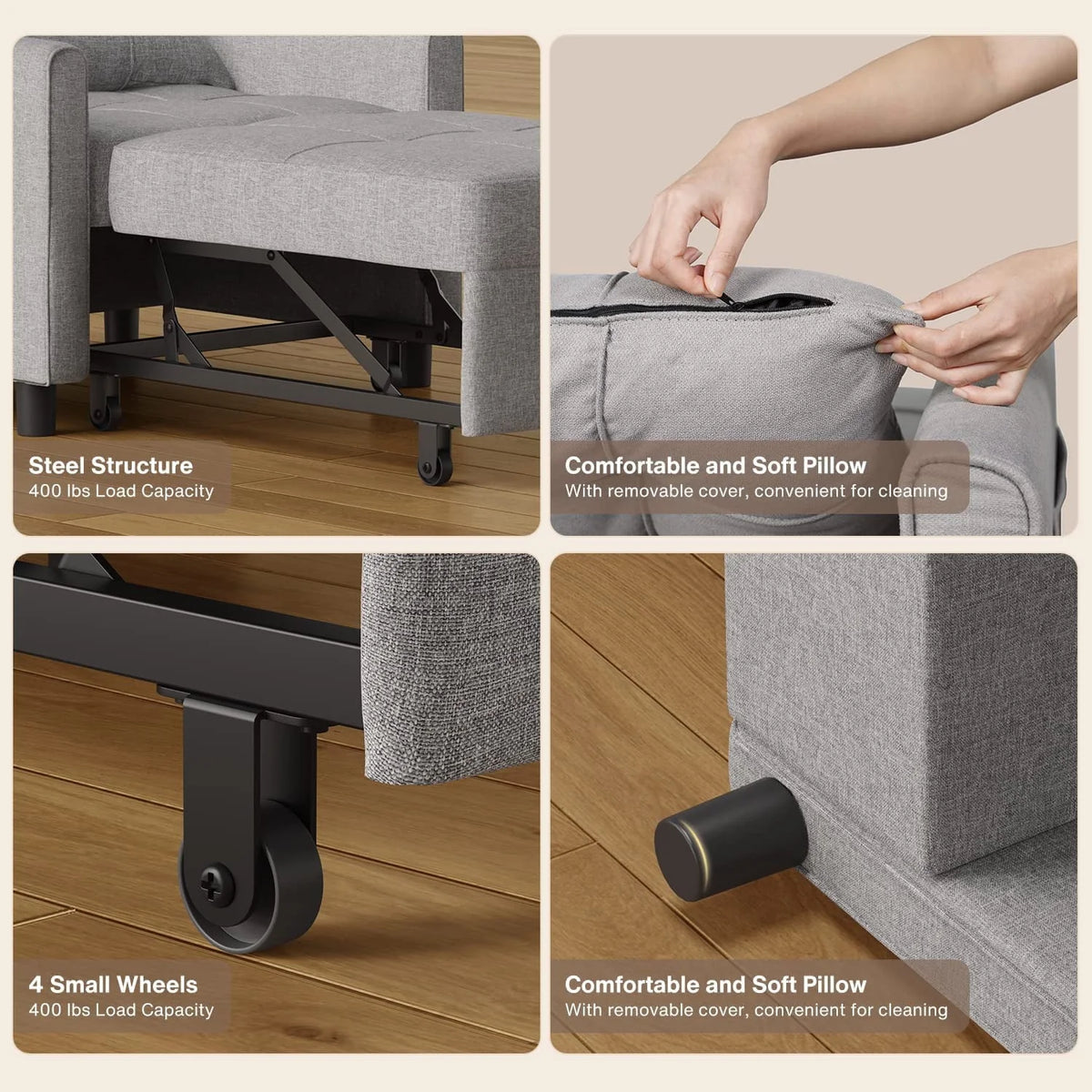 Adjustable 3 in 1 Sleeper Sofa Bed with Metal Frame, Dark Gray M352