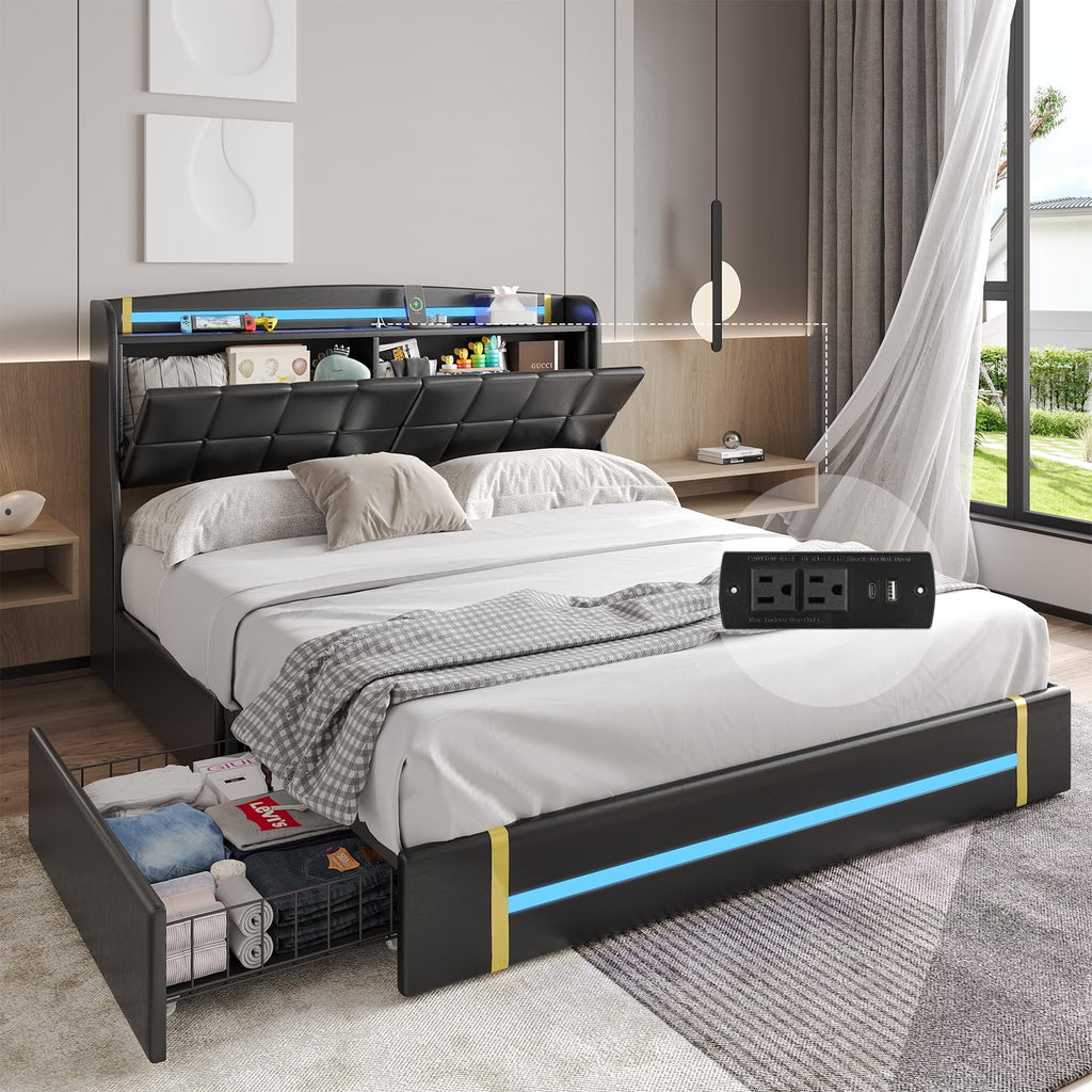 Queen Bed Frame with LED Lights and Charging Station, Upholstered Platform Bed Frame with Hidden Storage and 4 Drawers, Black F177