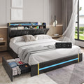Queen Bed Frame with LED Lights and Charging Station, Upholstered Platform Bed Frame with Hidden Storage and 4 Drawers, Black F177