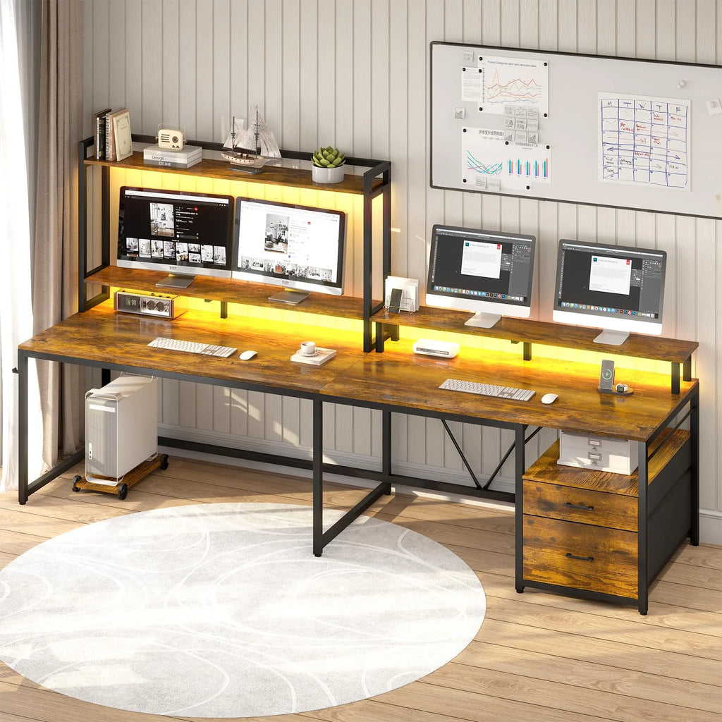 L Shaped Desk with Hutch, File Drawers, Keyboard Tray, Monitor Stand, Storage Shelves, Rustic Brown L1579