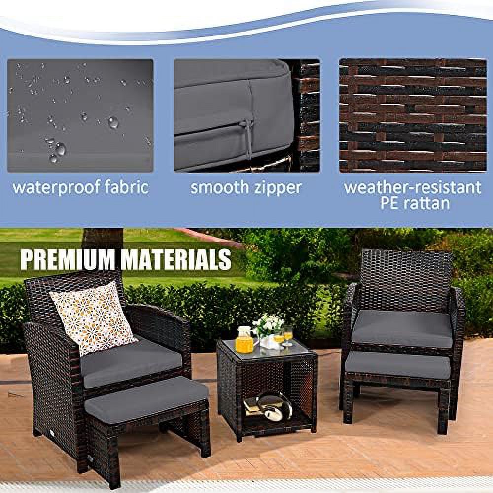 Patio Rattan Conversation Set with Cushioned Chair & Ottoman & Tempered Glass Coffee Table H820