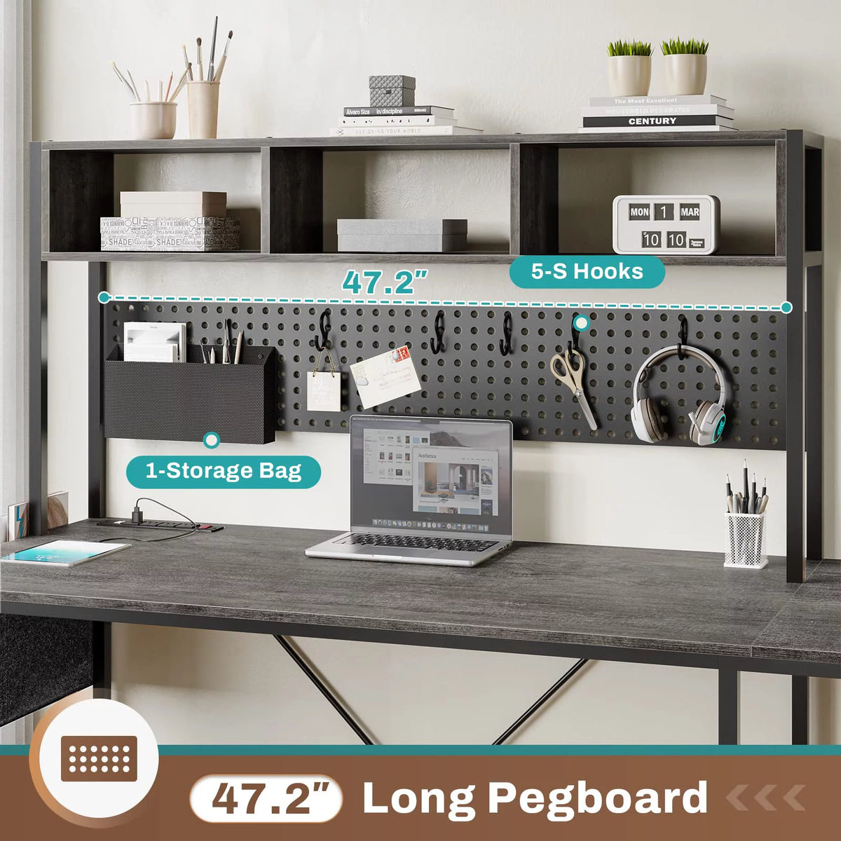 L Shaped Gaming Desk with Power Outlet and Pegboard H349