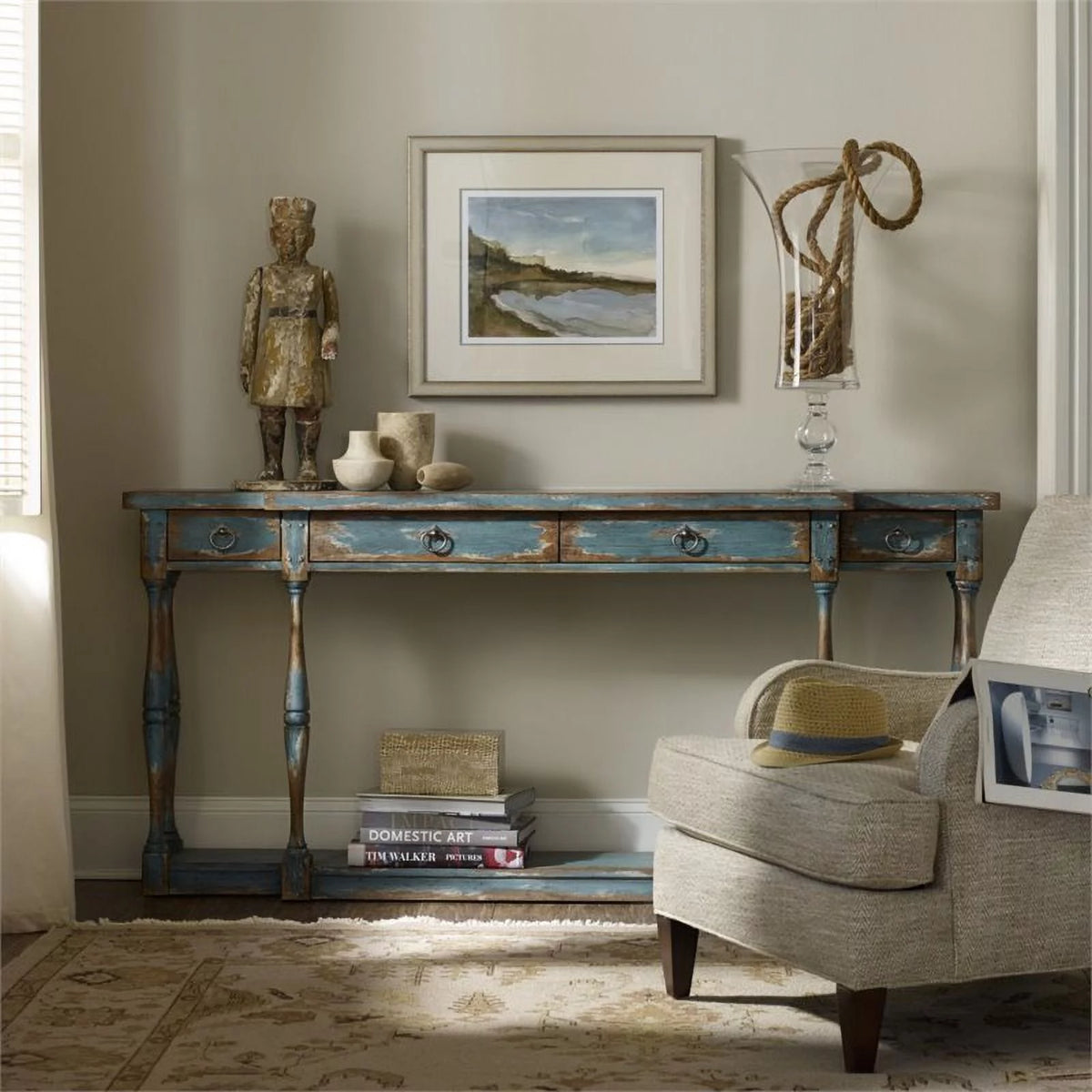 Azure Blue 4-Drawer Wood Console Table with Bottom Shelf Z13202