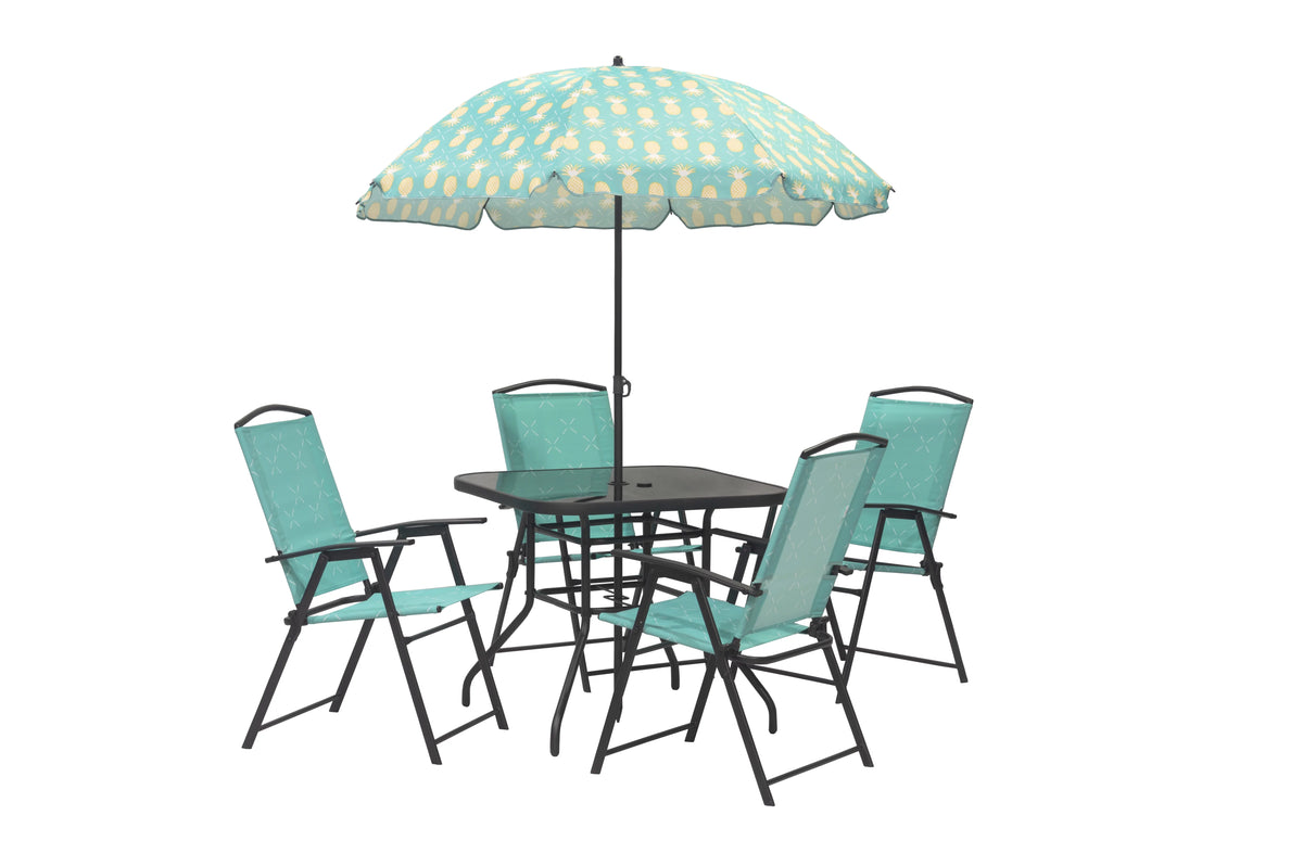 6 Pcs Blue Steel Folding Outdoor Dining Set with Umbrella F89054