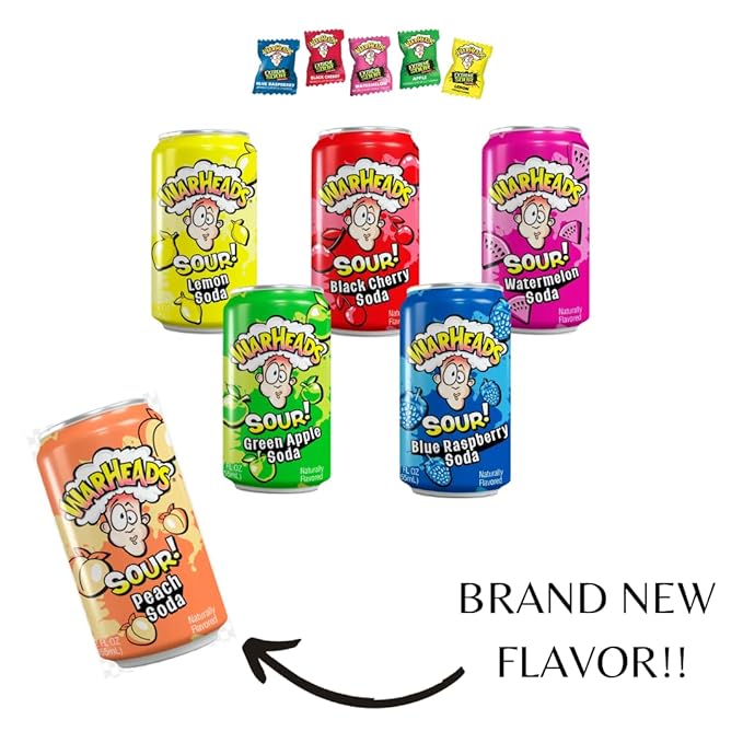 Black Cherry Blue Raspberry Watermelon Green Apple Lemon & Peach Soda 12oz Cans 6 Pack T17861