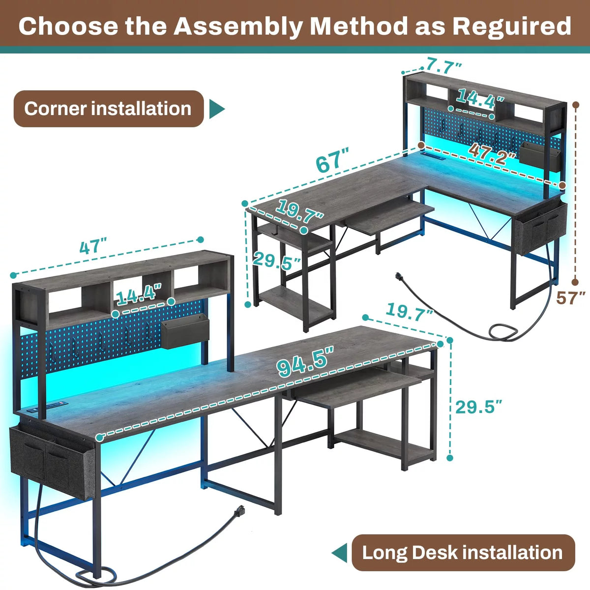 L Shaped Gaming Desk with Power Outlet and Pegboard H349