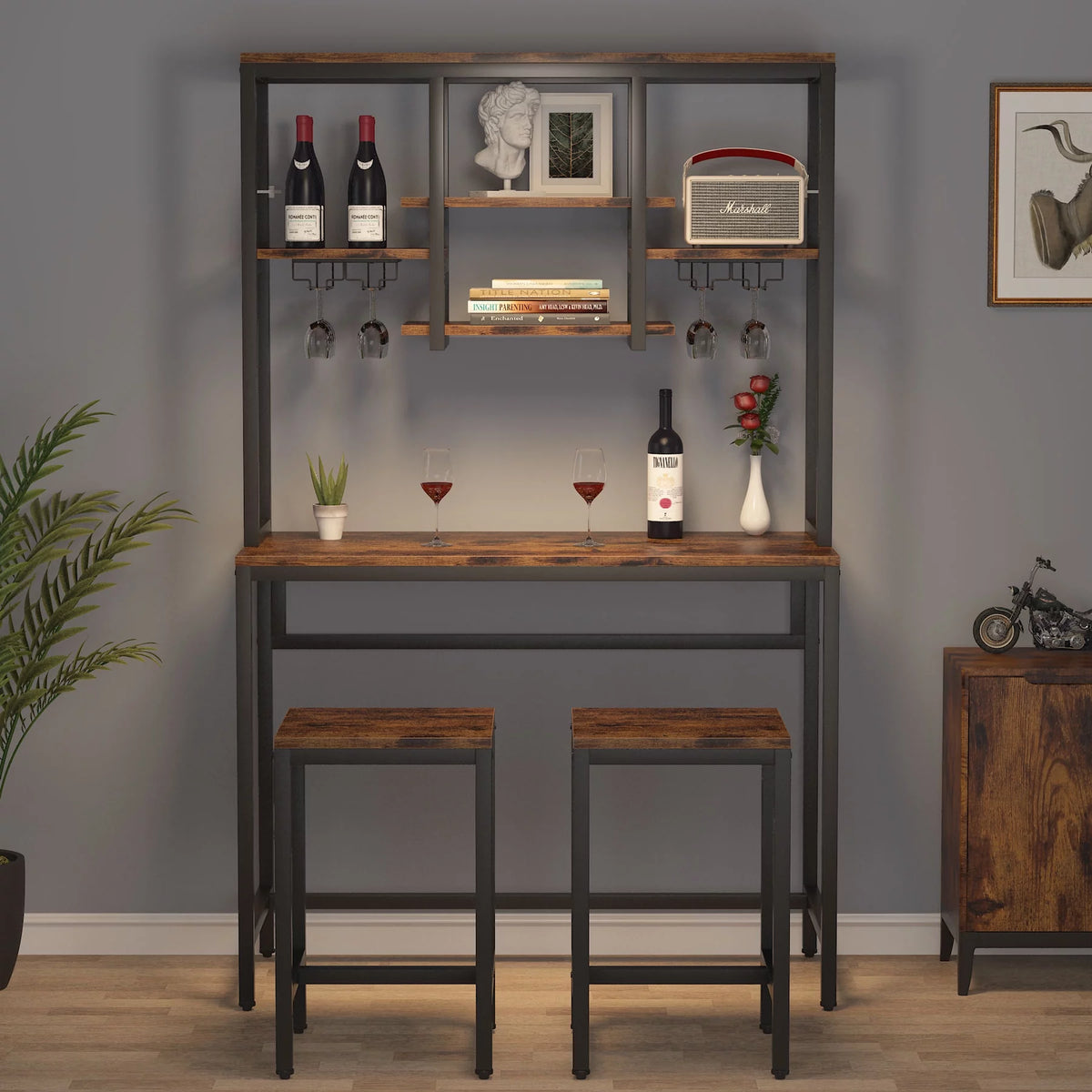Bar Table and Chairs Set of 2 with Storage Y1338