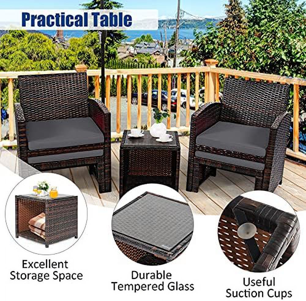 Patio Rattan Conversation Set with Cushioned Chair & Ottoman & Tempered Glass Coffee Table H820