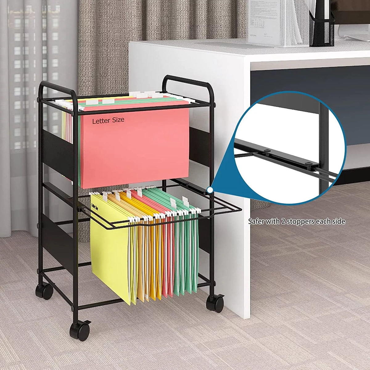 2 Tiers Mobile Metal Pull-Out Filing Cart with wheels, Black H7870