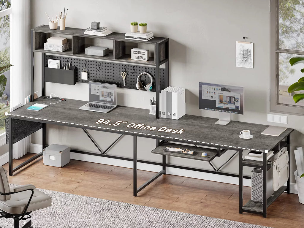 L Shaped Gaming Desk with Power Outlet and Pegboard H349