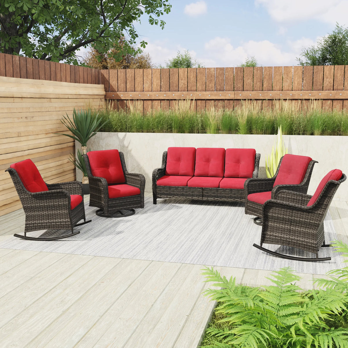 5 Pieces Patio Furniture Set with 3-Seat Sofa and Swivel Rocking Chairs, Red A435