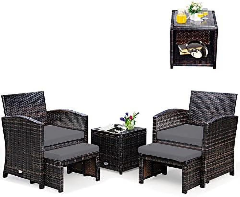 Patio Rattan Conversation Set with Cushioned Chair & Ottoman & Tempered Glass Coffee Table H820