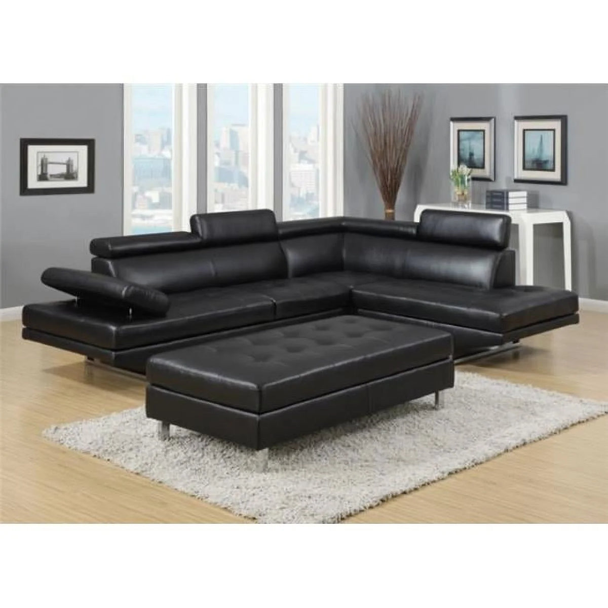 Black 3 Piece Bonded Leather Sectional Sofa Set Y17637
