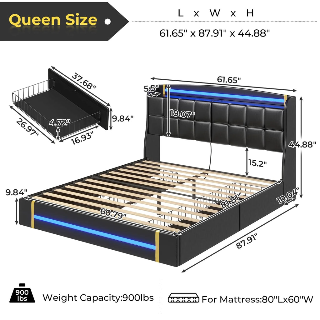 Queen Bed Frame with LED Lights and Charging Station, Upholstered Platform Bed Frame with Hidden Storage and 4 Drawers, Black F177
