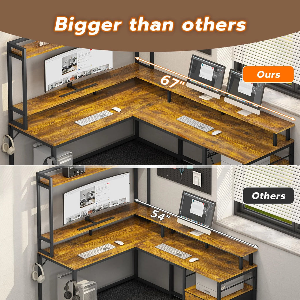 L Shaped Desk with Hutch, File Drawers, Keyboard Tray, Monitor Stand, Storage Shelves, Rustic Brown L1579