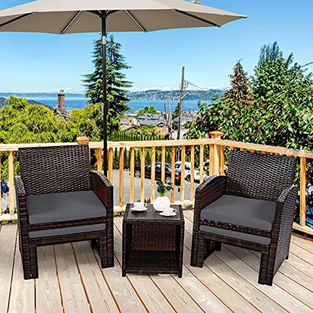 Patio Rattan Conversation Set with Cushioned Chair & Ottoman & Tempered Glass Coffee Table H820