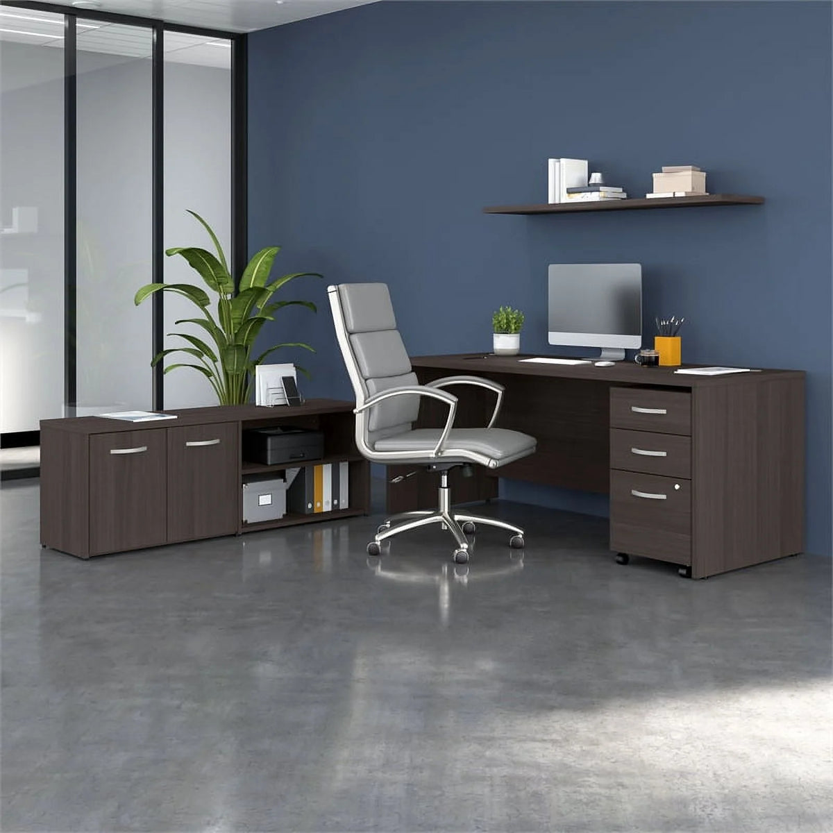 Gray Engineered Wood Office Desk with Drawers U96761
