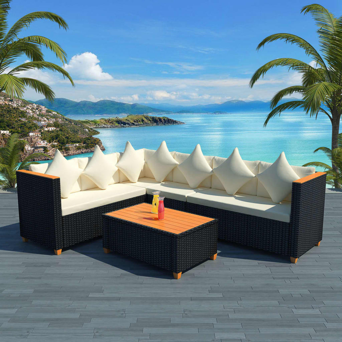 4 Piece Patio Lounge Set with White Cushions Black Poly Rattan 2-Seater Sofas with Corner Sofa and Coffee Table K10866