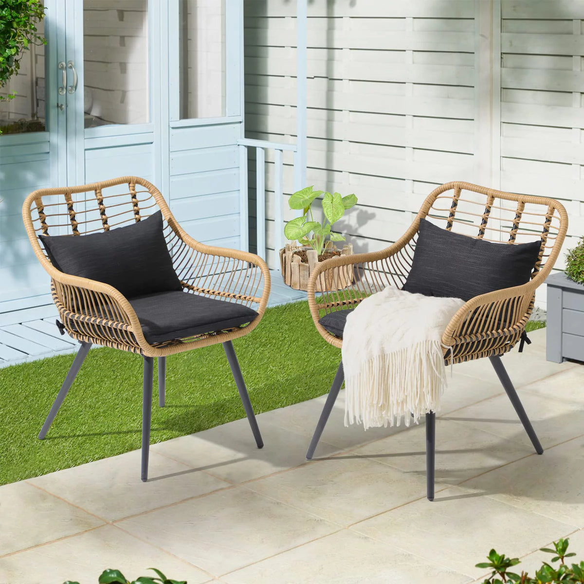 Black Wicker Patio Dining Chairs Set of 2 with Cushions G536