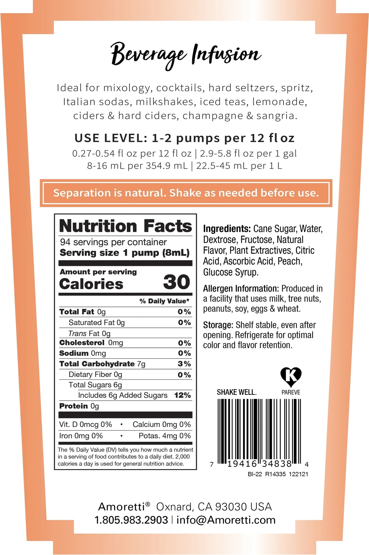 Peach Beverage Infusion Drink Mix & Water Enhancer with Pump 750 ml R739667