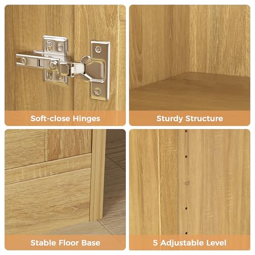 67" Tall Oak Rattan Storage Cabinet with Doors and Adjustable Shelves N807223