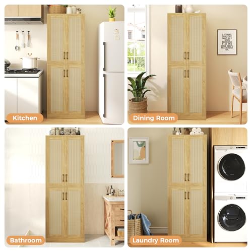 67" Tall Oak Rattan Storage Cabinet with Doors and Adjustable Shelves N807223
