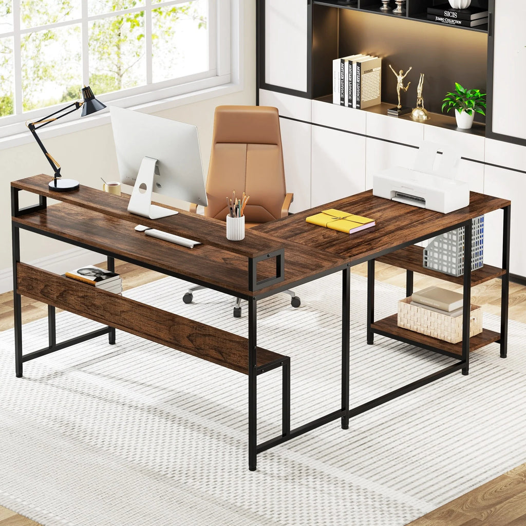 59" L Shaped Desk with Monitor Stand and Storage Shelf E23966