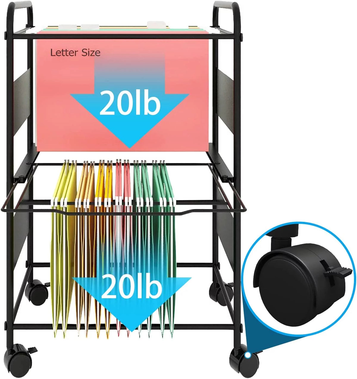 2 Tiers Mobile Metal Pull-Out Filing Cart with wheels, Black H7870