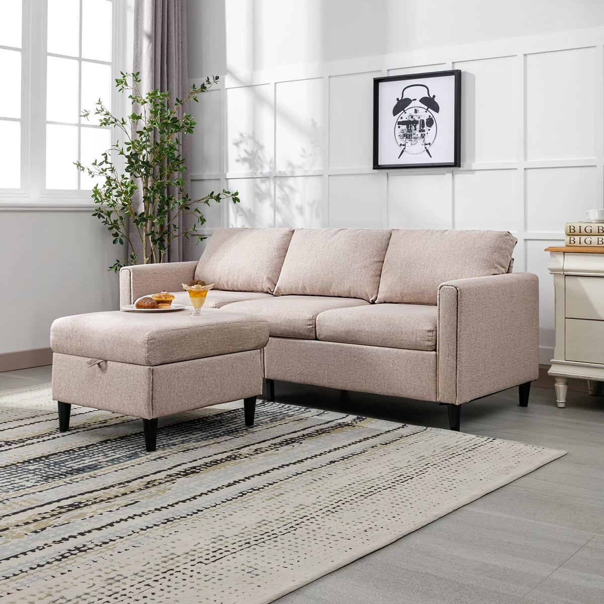 Small Sectional Sofa 3 Seater with Storage Ottoman Light Grey B650
