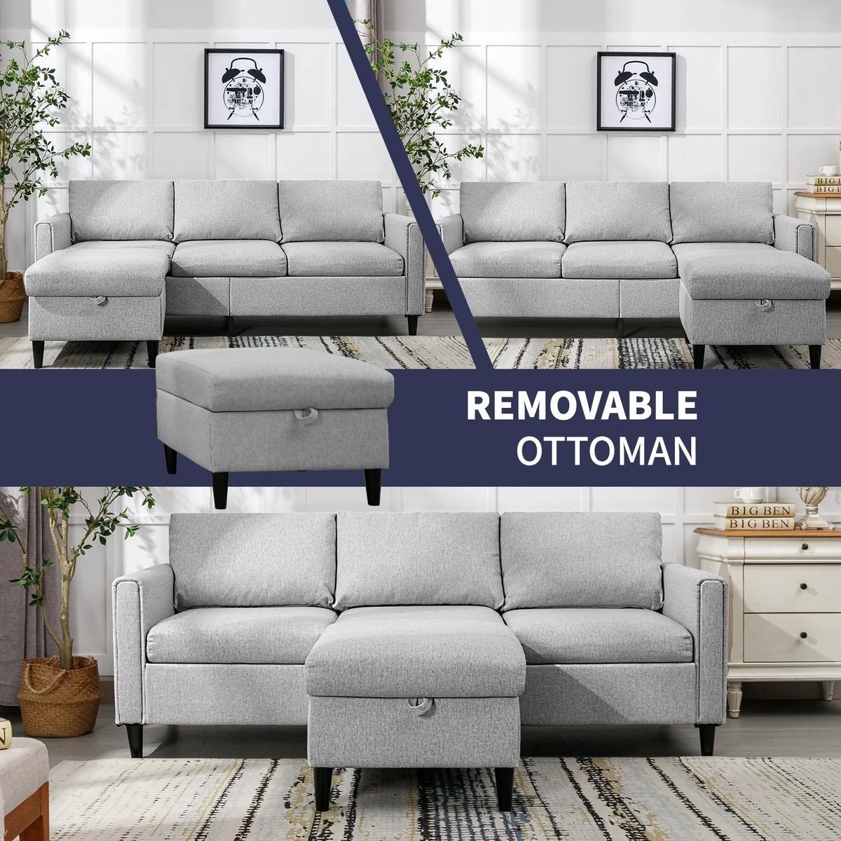 Small Sectional Sofa 3 Seater with Storage Ottoman Light Grey B650