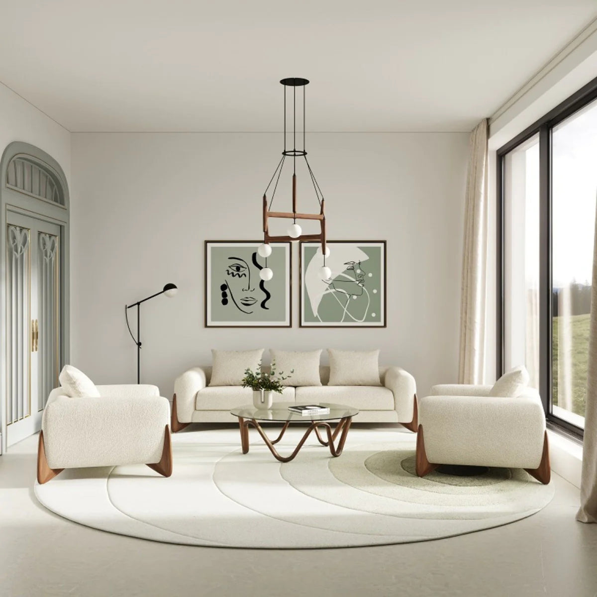 Cream Fabric Walnut Wood Sofa V558751