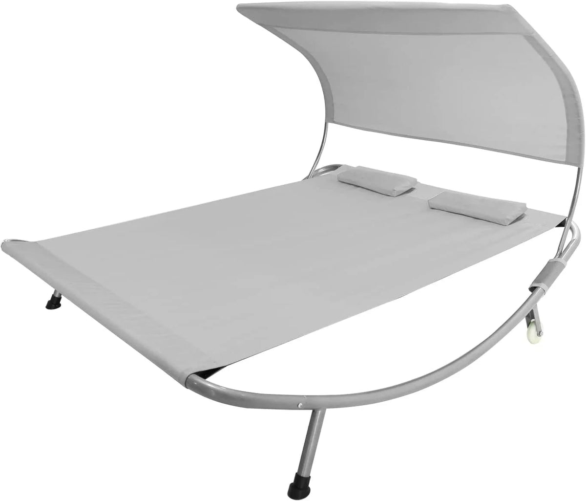 Double Chaise Lounge Bed with Canopy, Headrest Pillow and Wheels X248931
