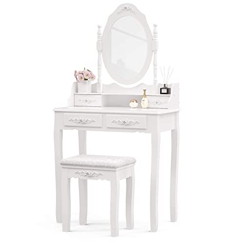 Makeup Vanity Set with Mirror and Stool, 4 Drawers W559
